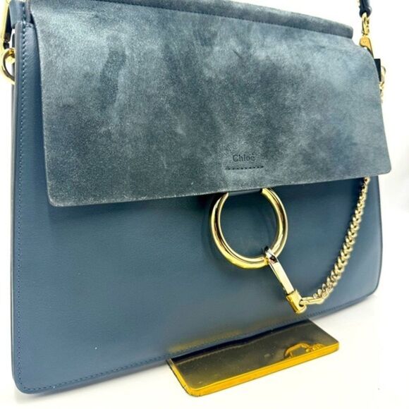 Auth Chloe Medium Cloudy Blue Calfskin Suede Leather Faye Shoulder Bag Clutch - Picture 3 of 16